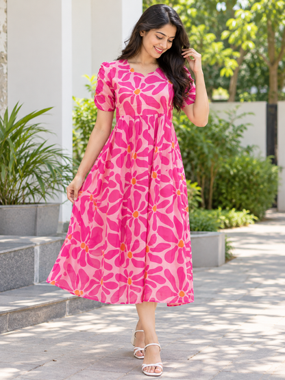 Pink Abstract Floral Print Non-Feeding Maxi