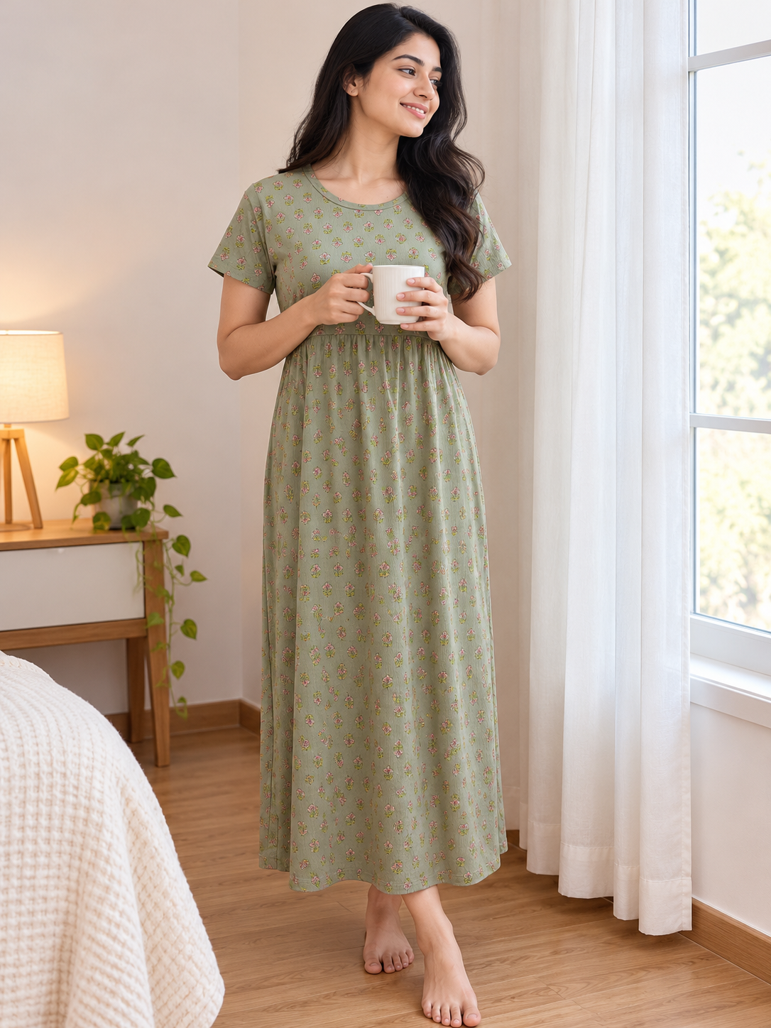 Sage Green Floral Buti Print Short Sleeve Lounge Frock