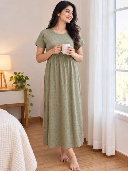 Sage Green Floral Buti Print Short Sleeve Lounge Frock