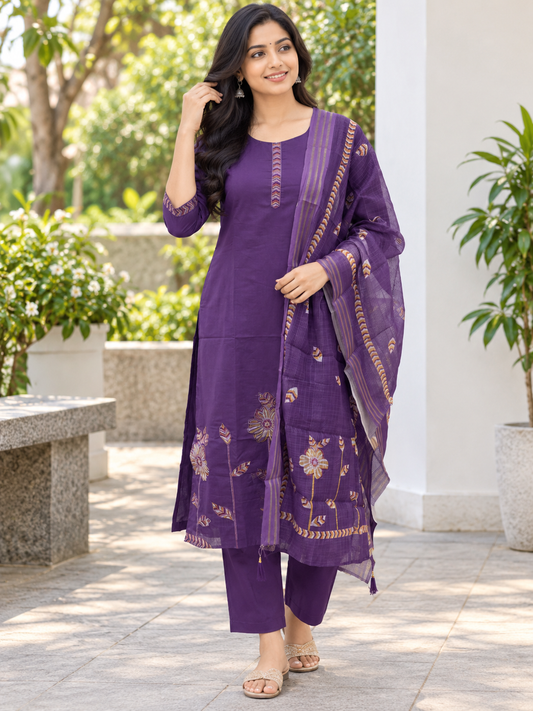 Purple silk cotton 3 piece kurta set