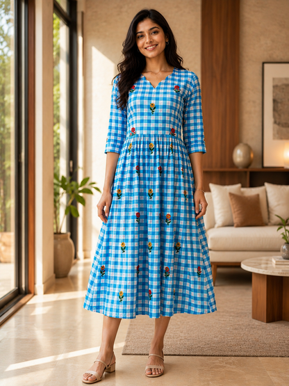Mul Cotton Fabric Sky Blue Floral Check Print Non-Feeding Maternity Maxi
