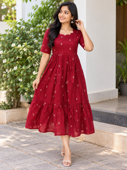 Budget-Friendly Deep Maroon Printed Frock