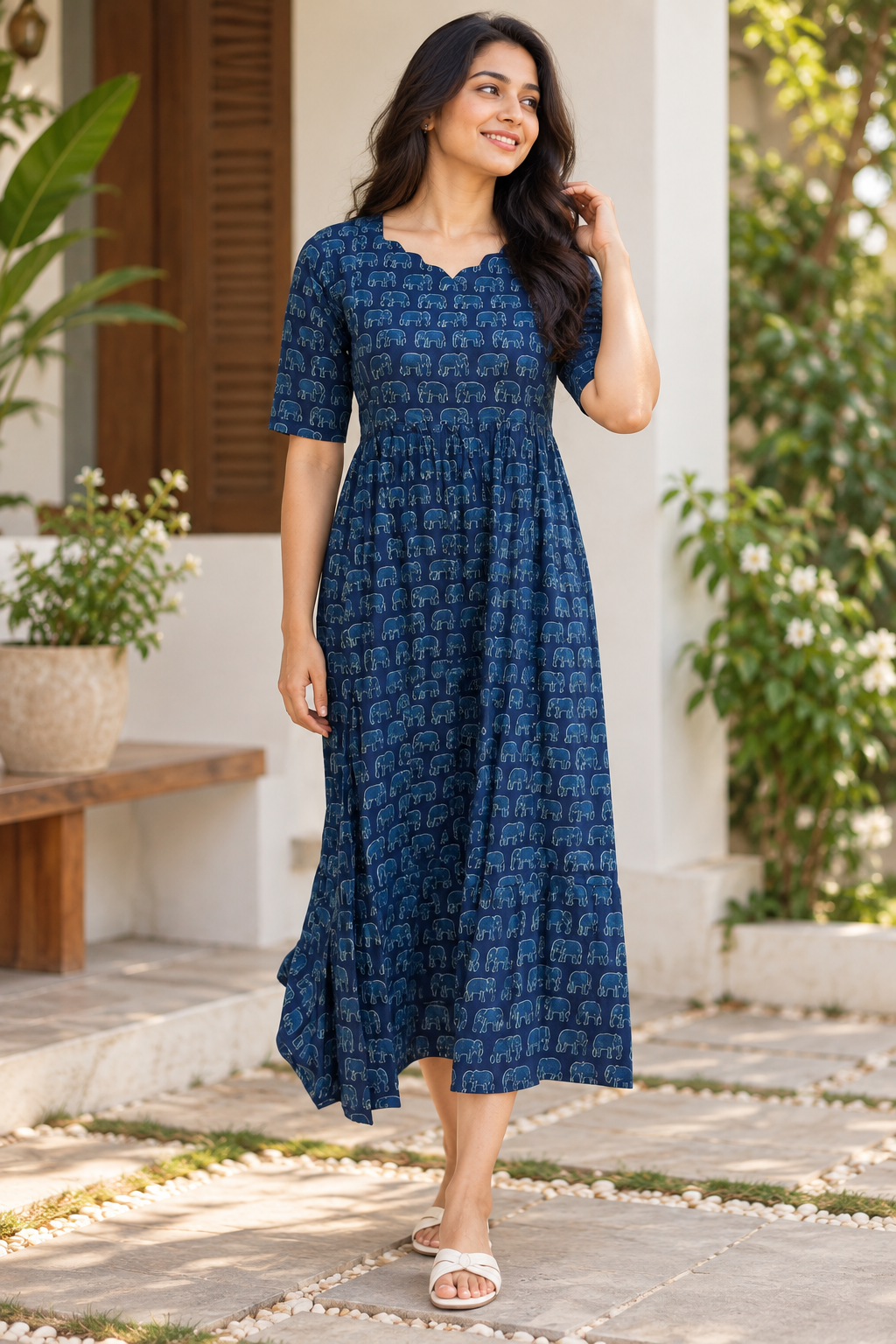 Navy Blue Elephant Print Feeding Maxi Dress