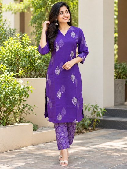 Royal Purple Floral Booti Kurti Set