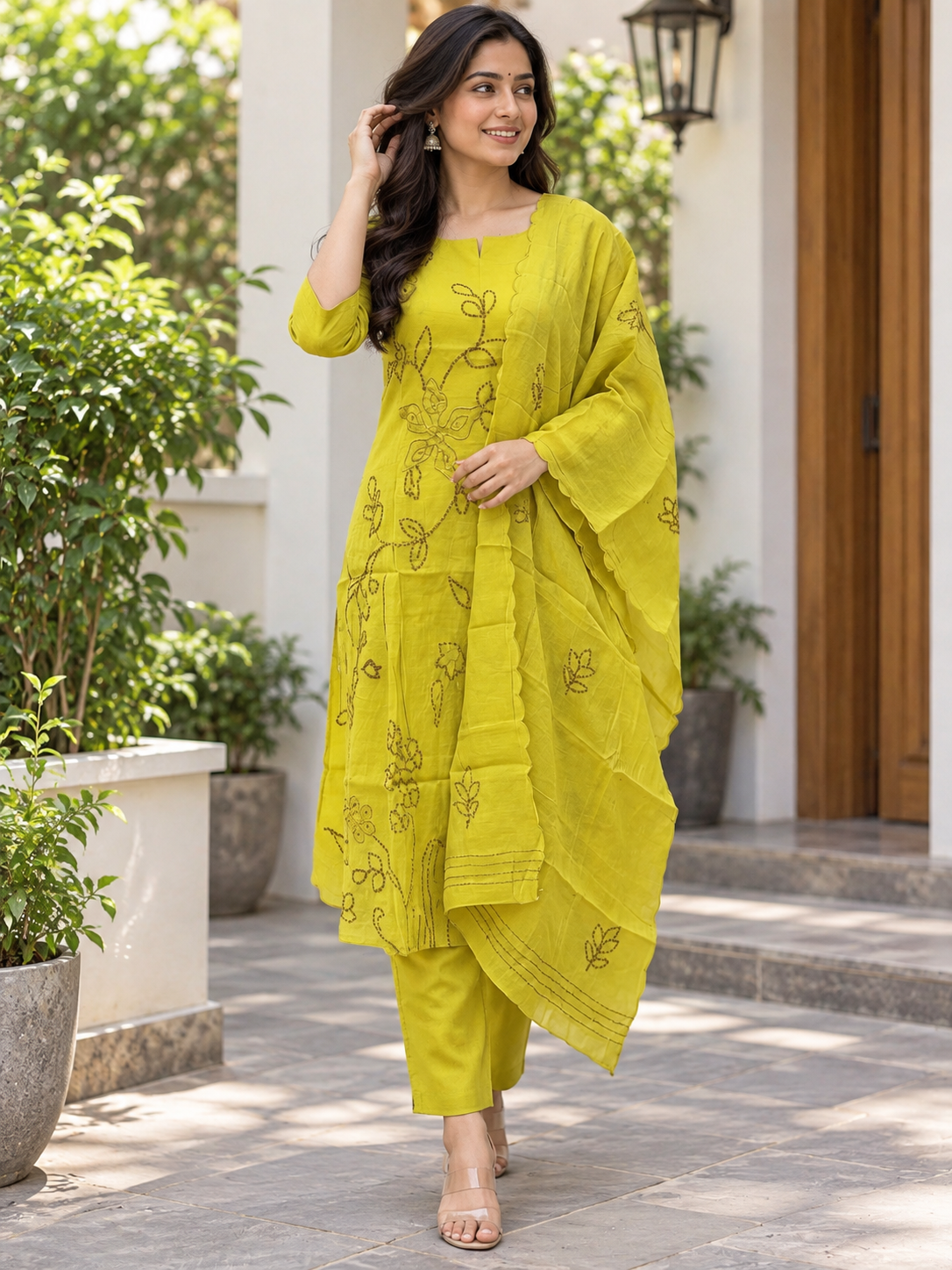 Lime Yellow Floral Embroidered Mul Chanderi Cotton 3-Piece Kurta Set