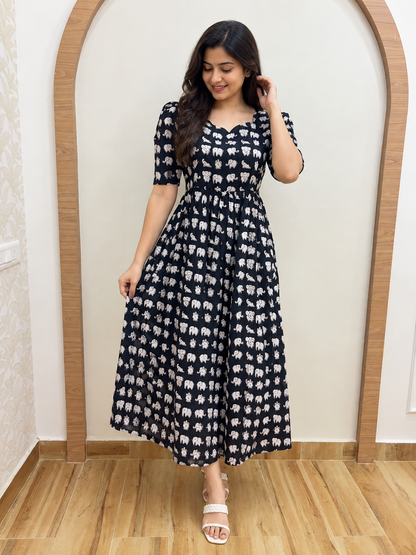 Black & White Elephant Print Pure Jaipur Cotton Non-Feeding Maxi
