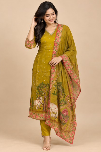 Chinon Silk Mustard Traditional Floral Printed 3-Piece Suit