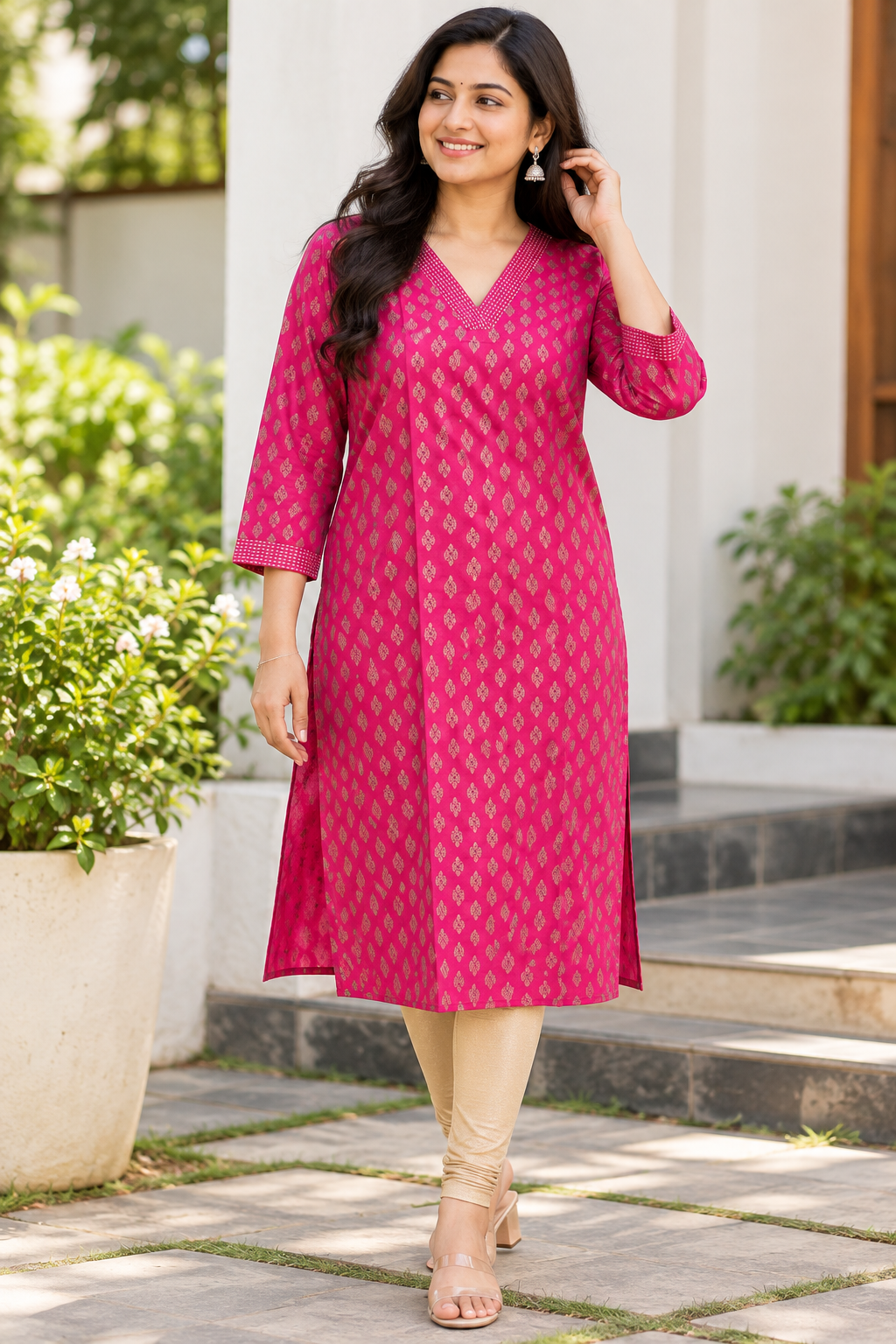 Rani Pink Golden Buti Kurti Top
