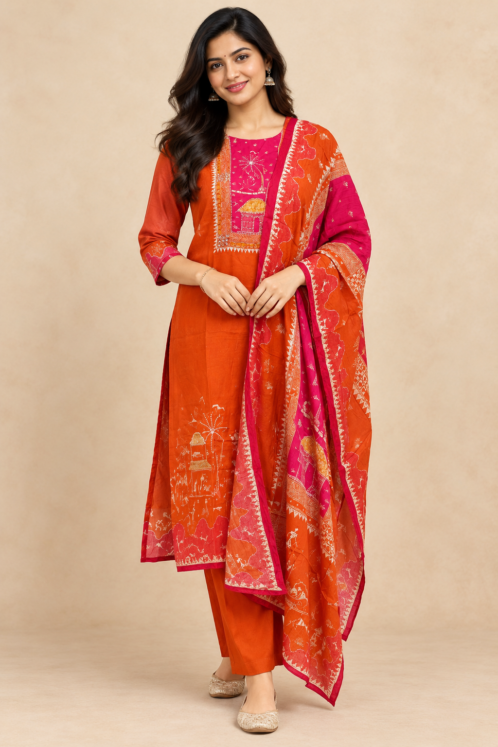Elegant Butter Crepe Rust Orange Magenta Ethnic Printed 3 Piece suit