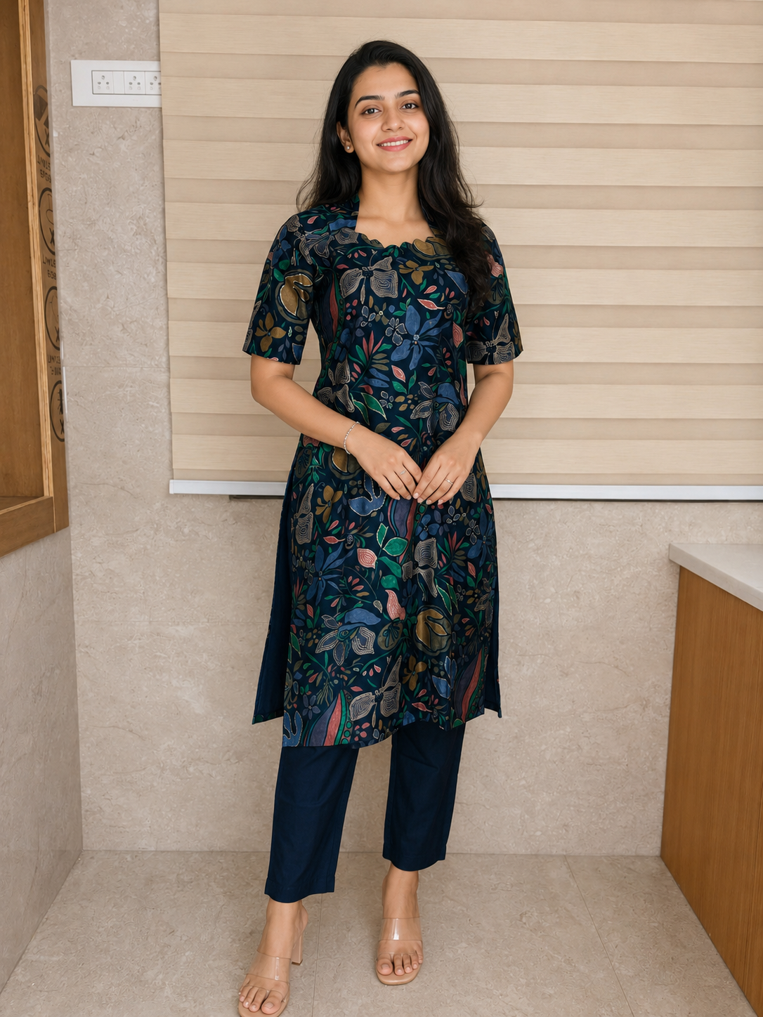 Chanderi Cotton Kurti with Silk Pant Navy Blue Botanical Floral Kurta