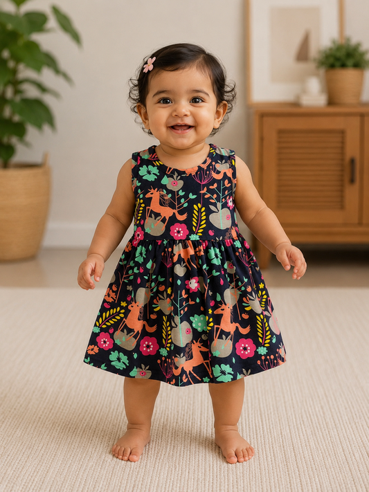 Black Unicorn Floral Print Sleeveless Frock