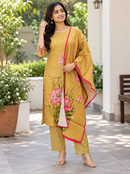 Mustard Yellow Pink Lotus Floral Print Blended Cotton digital print 3 piece kurta set
