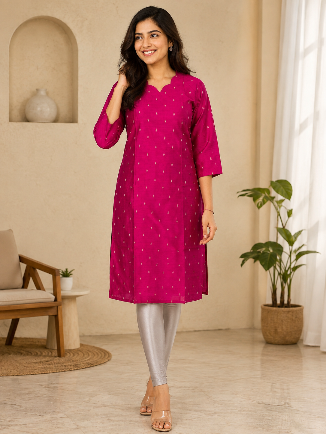 Magenta Pink Mini Buti Straight Kurti