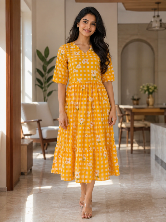 Mul Cotton Fabric Mustard Checkered Daisy Print Non Feeding Maxi