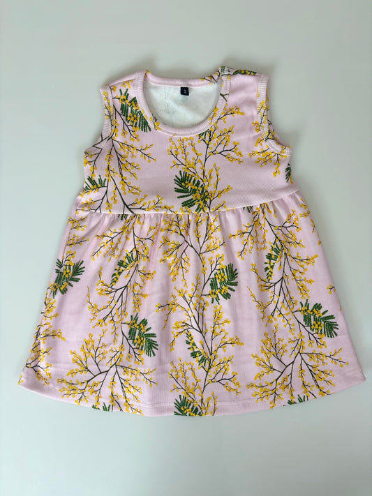 Light Pink Sleeveless Frocks with Green Leaf Design