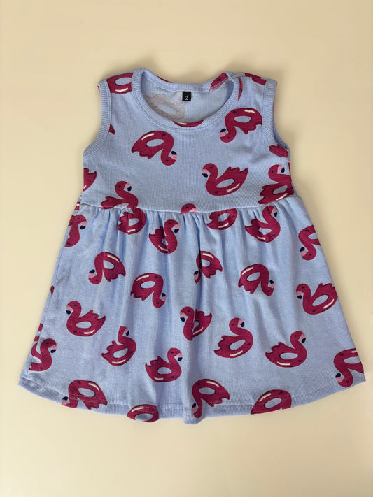 Blue Sleeveless Frocks with Red Duck Design
