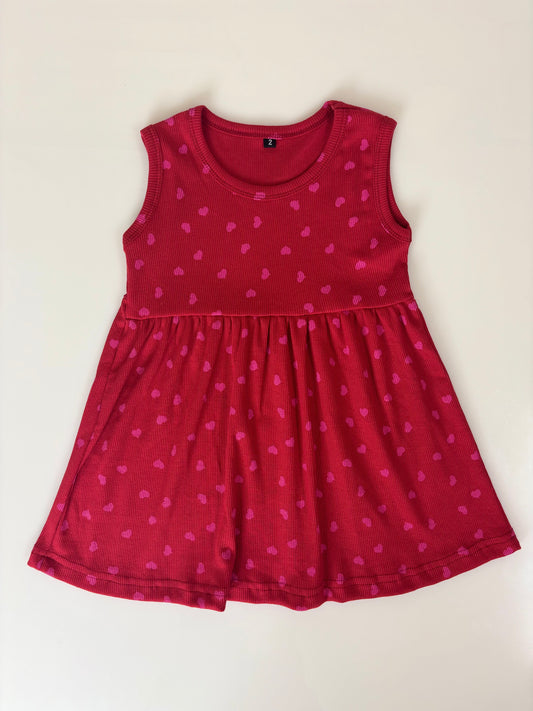 Red Sleeveless Frocks with Pink Heart Design
