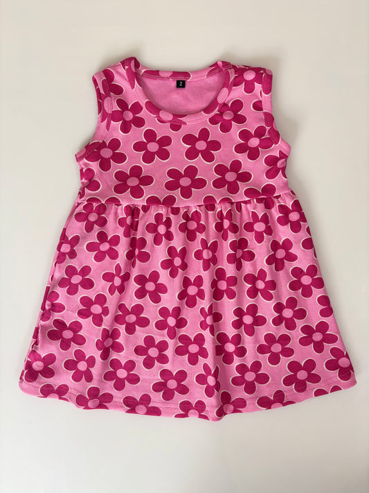 Pink Sleeveless Frocks with Red Flowers Design