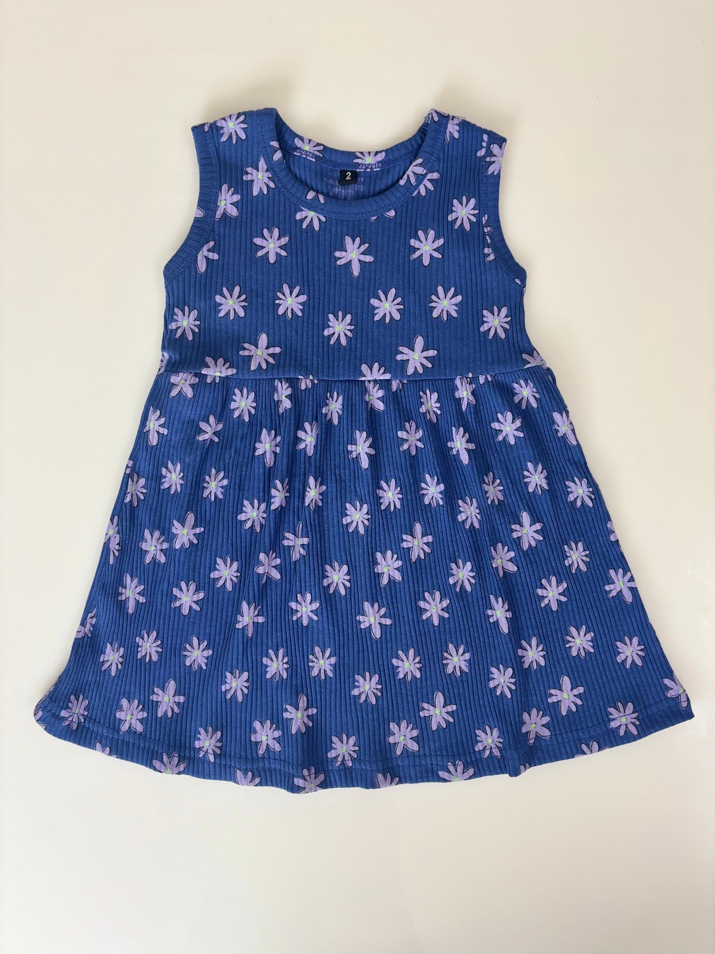 Dark Blue Sleeveless Frocks with Light Blue Flowers Design