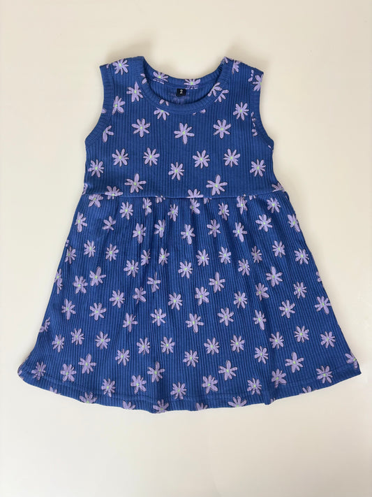 Dark Blue Sleeveless Frocks with Light Blue Flowers Design