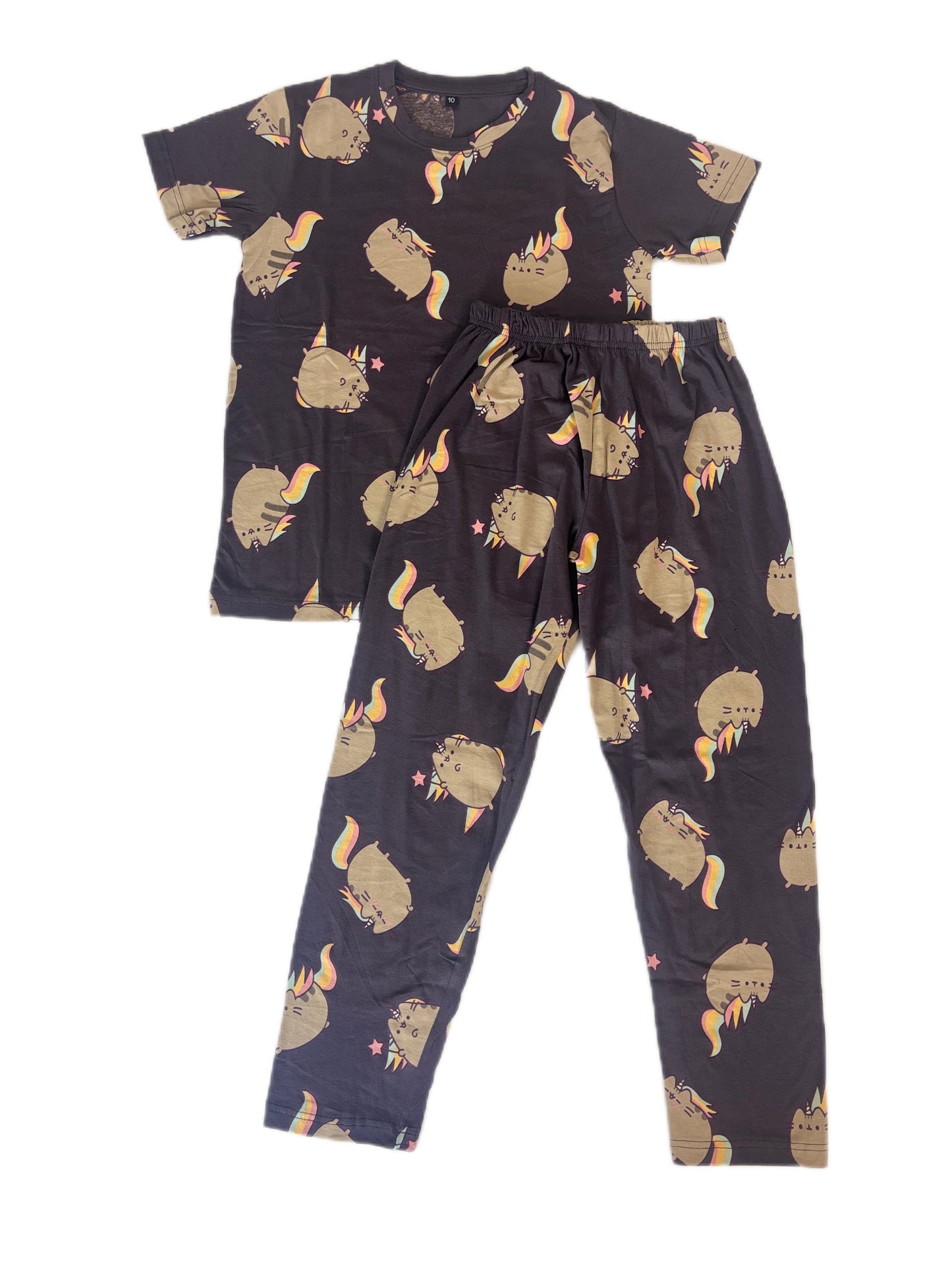 Kids Charcoal Grey Unicorn Cat Print T-Shirt & Pant Set