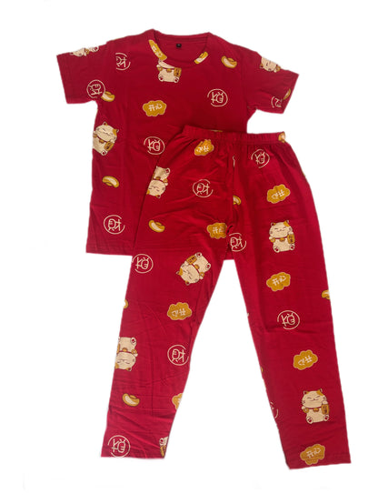 Kids Red Lucky Cat Print T-Shirt & Pant Set