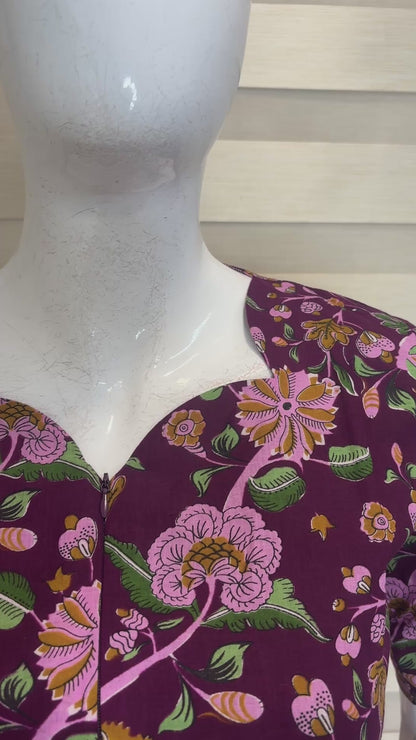 Maroon Floral Print Double Zip Cotton Maxi