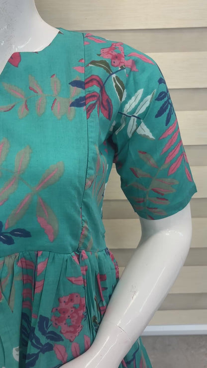 Teal Blue Leaf Print Double Zip Cotton Maxi