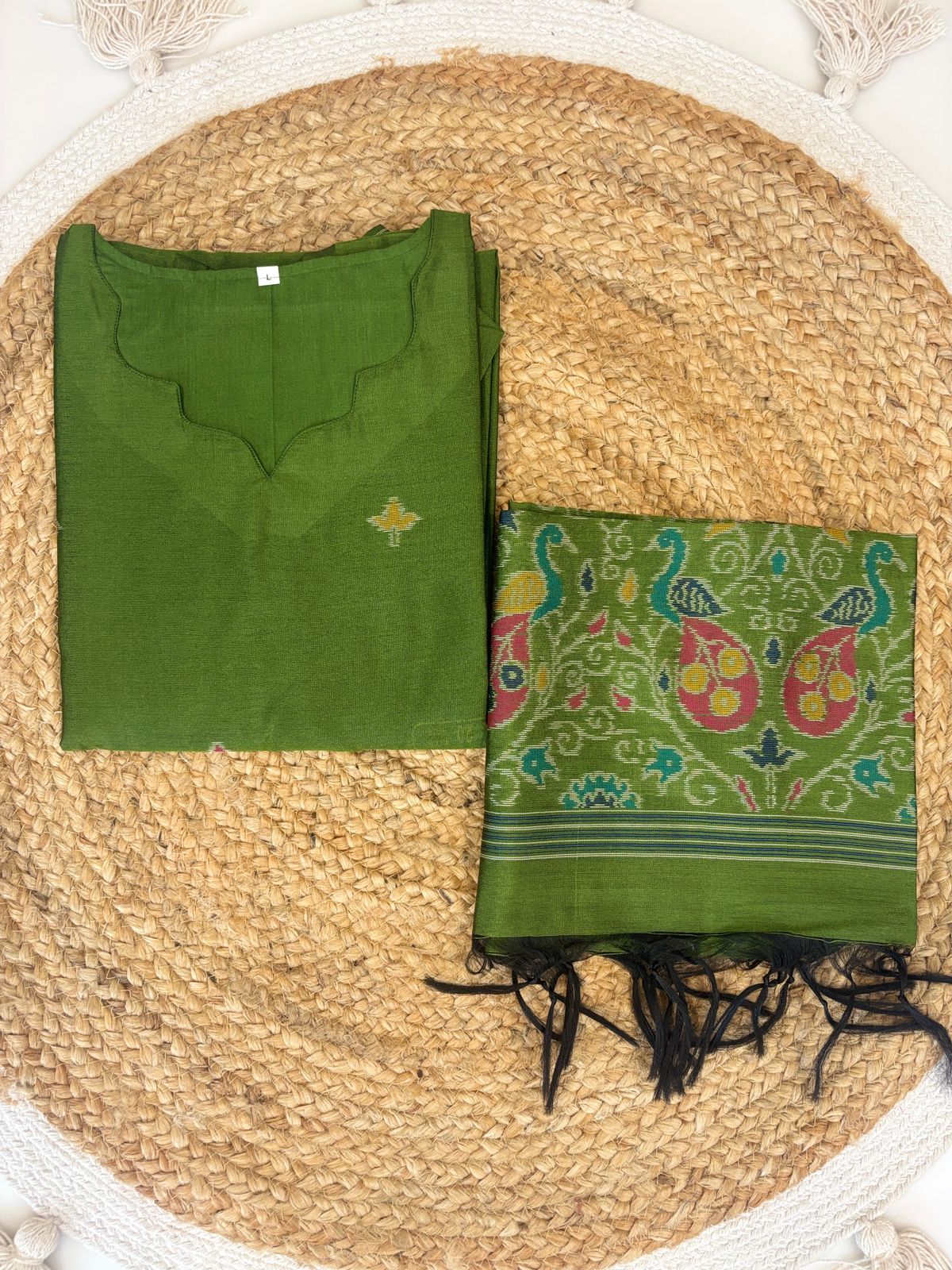 Premium Green Jamdhani Silk Kurti With Duppata 2 Piece Set