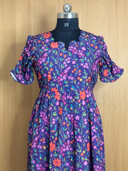 Navy Floral Printed Blended Cotton Feeding Maxi