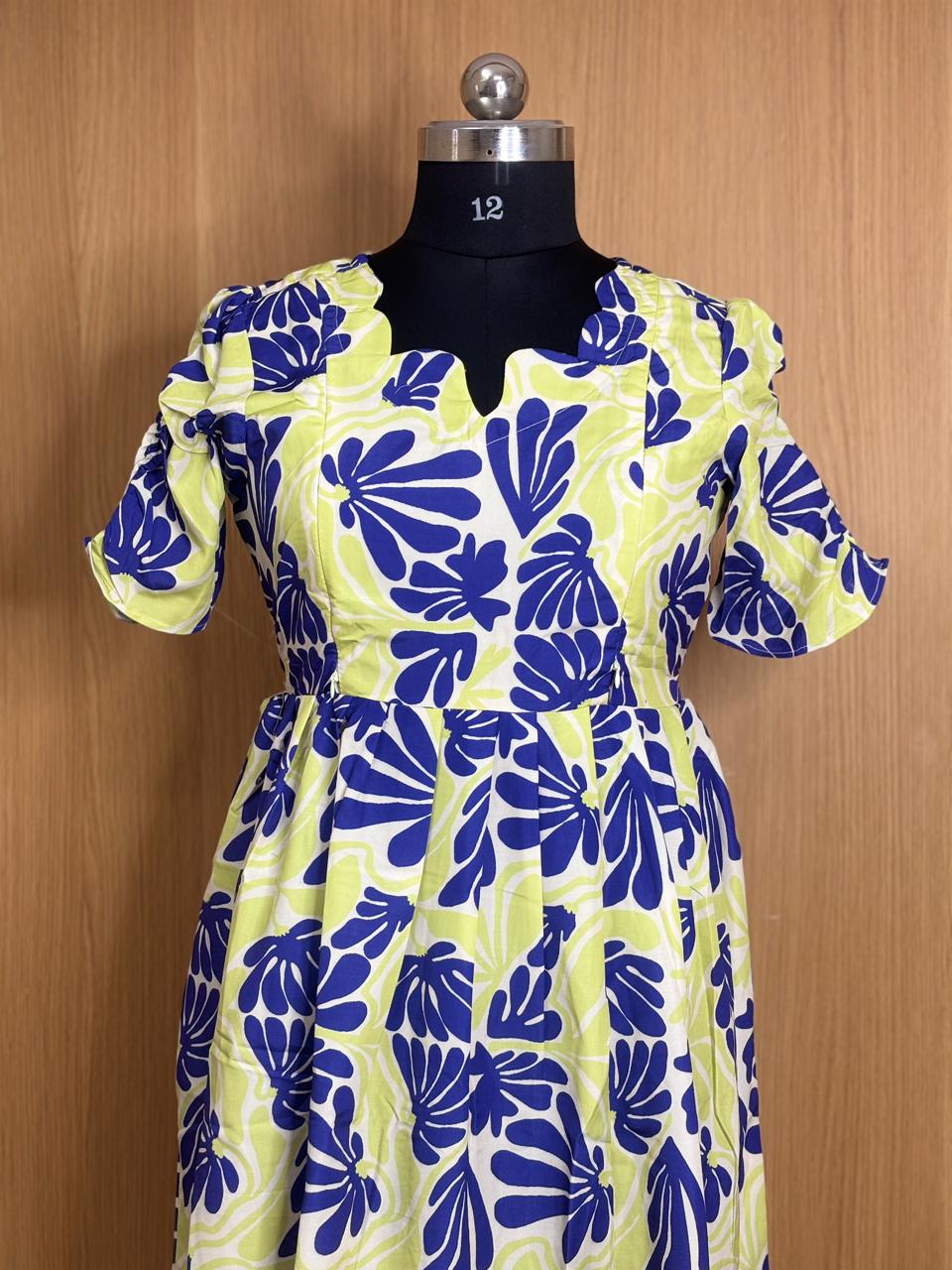 Lime Green and Royal Blue Floral Printed Blended Cotton Feeding Maxi