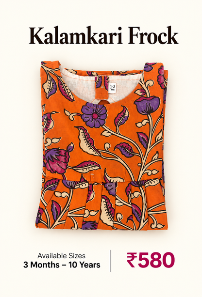 Orange Floral Kalamkari Kids Outdoor Wear