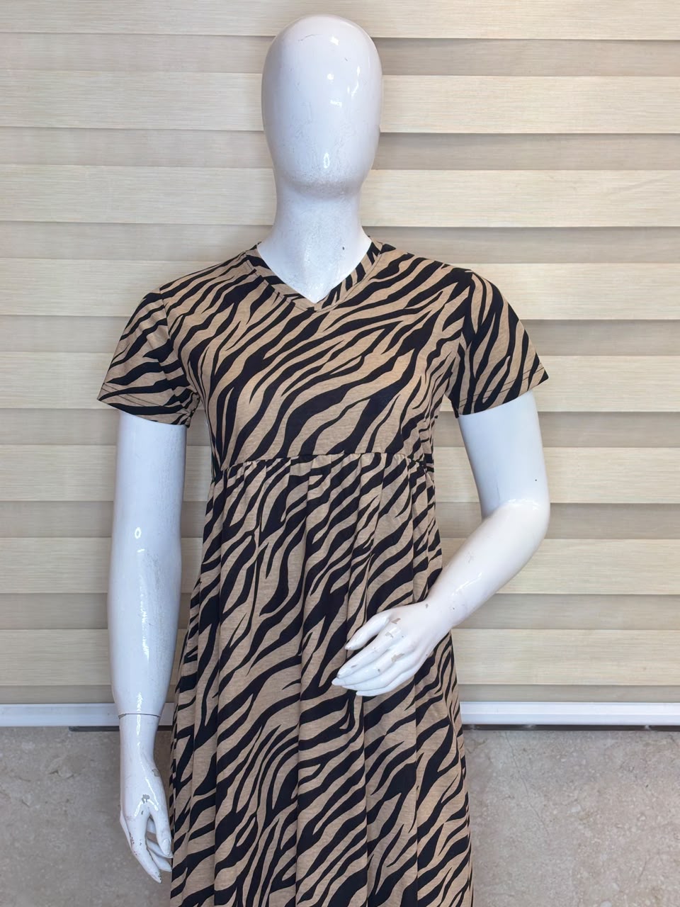 Brown Zebra Printed Knitted Cotton V-neck Lounge Frock