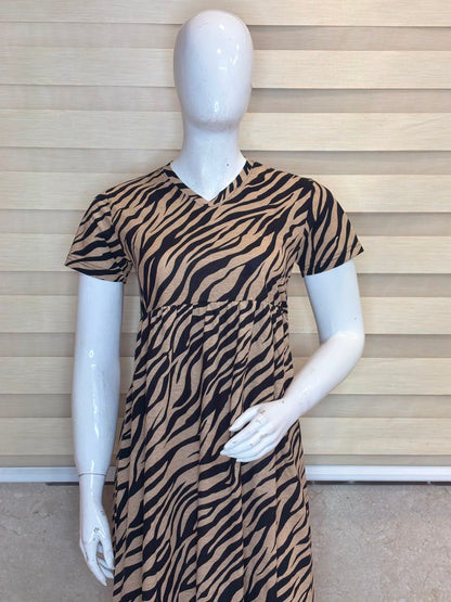 Brown Zebra Printed Knitted Cotton V-neck Lounge Frock