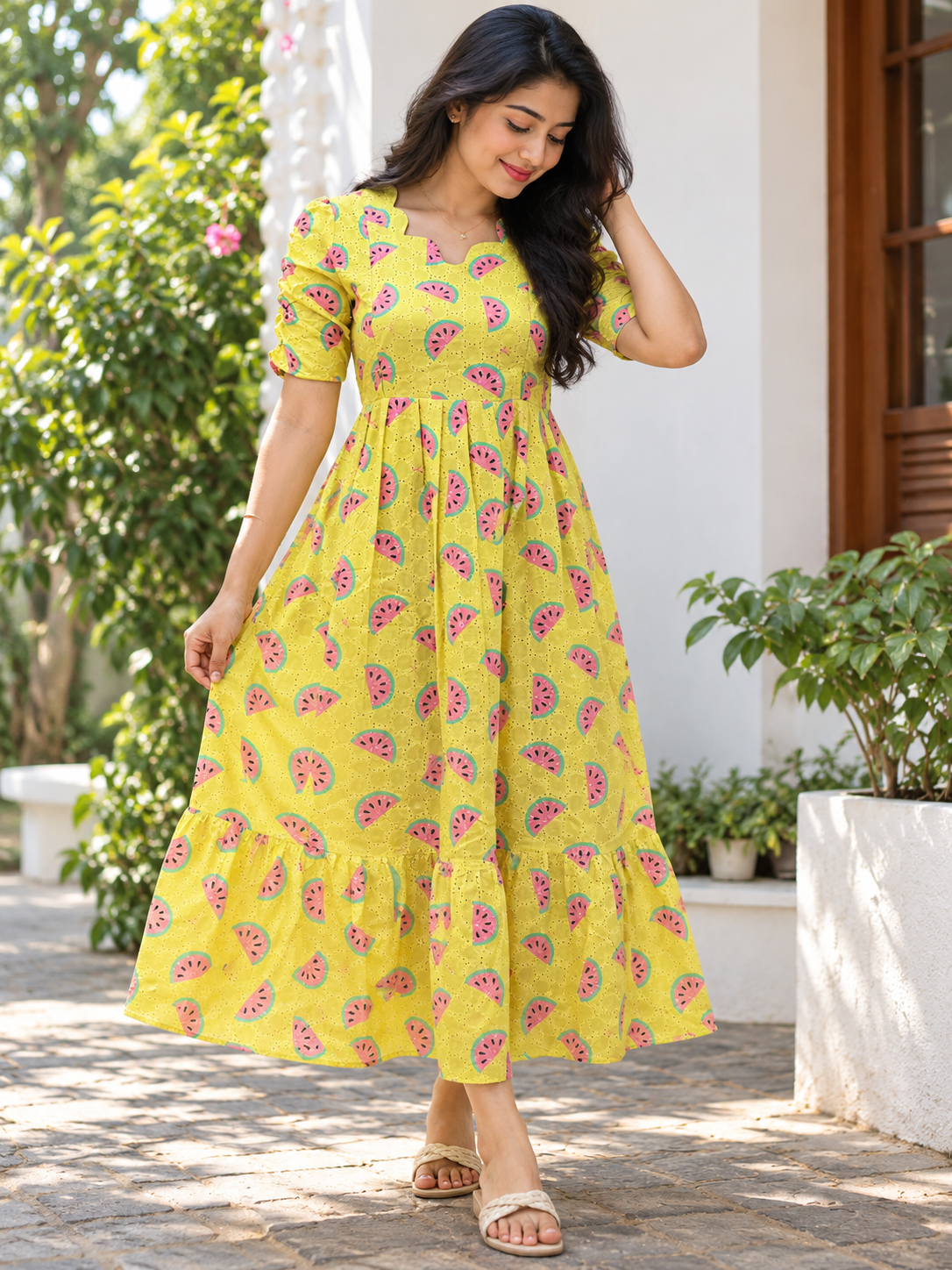 Yellow Watermelon Printed Hakoba Feeding Maxi