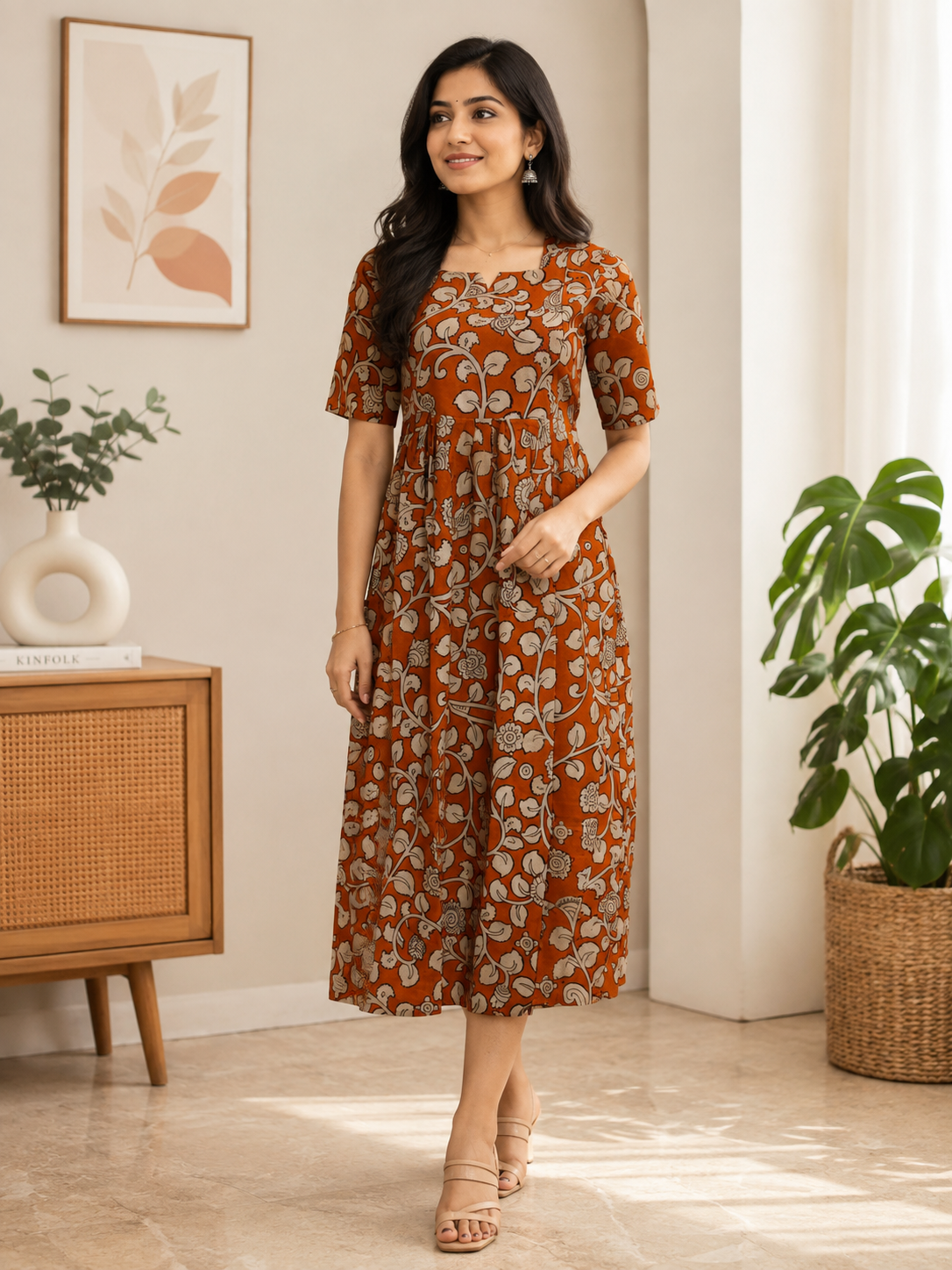 Rust Orange Ivory Floral Vine Kalamkari Feeding Maxi