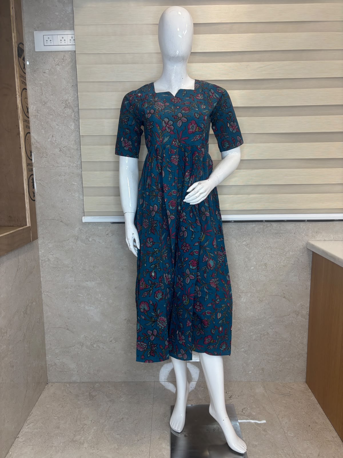 Teal Pink Floral Vine Kalamkari Printed Feeding Maxi