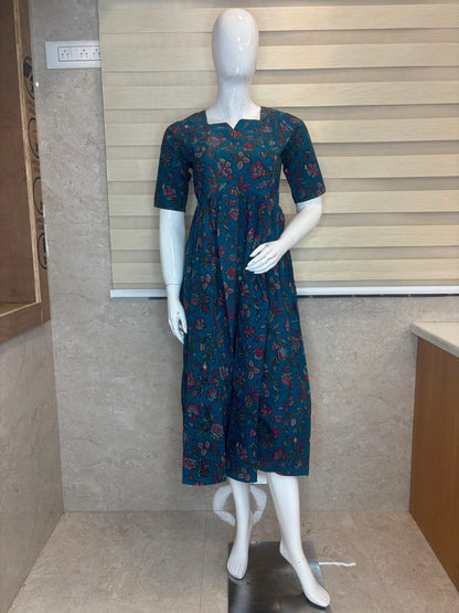 Teal Pink Floral Vine Kalamkari Printed Feeding Maxi