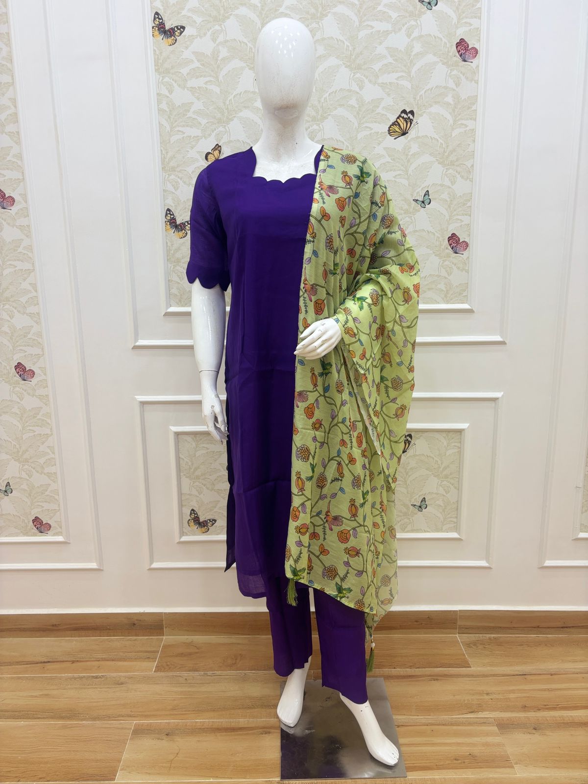 Violet Solid Chanderi Suit With Lime Green Printed Dupatta