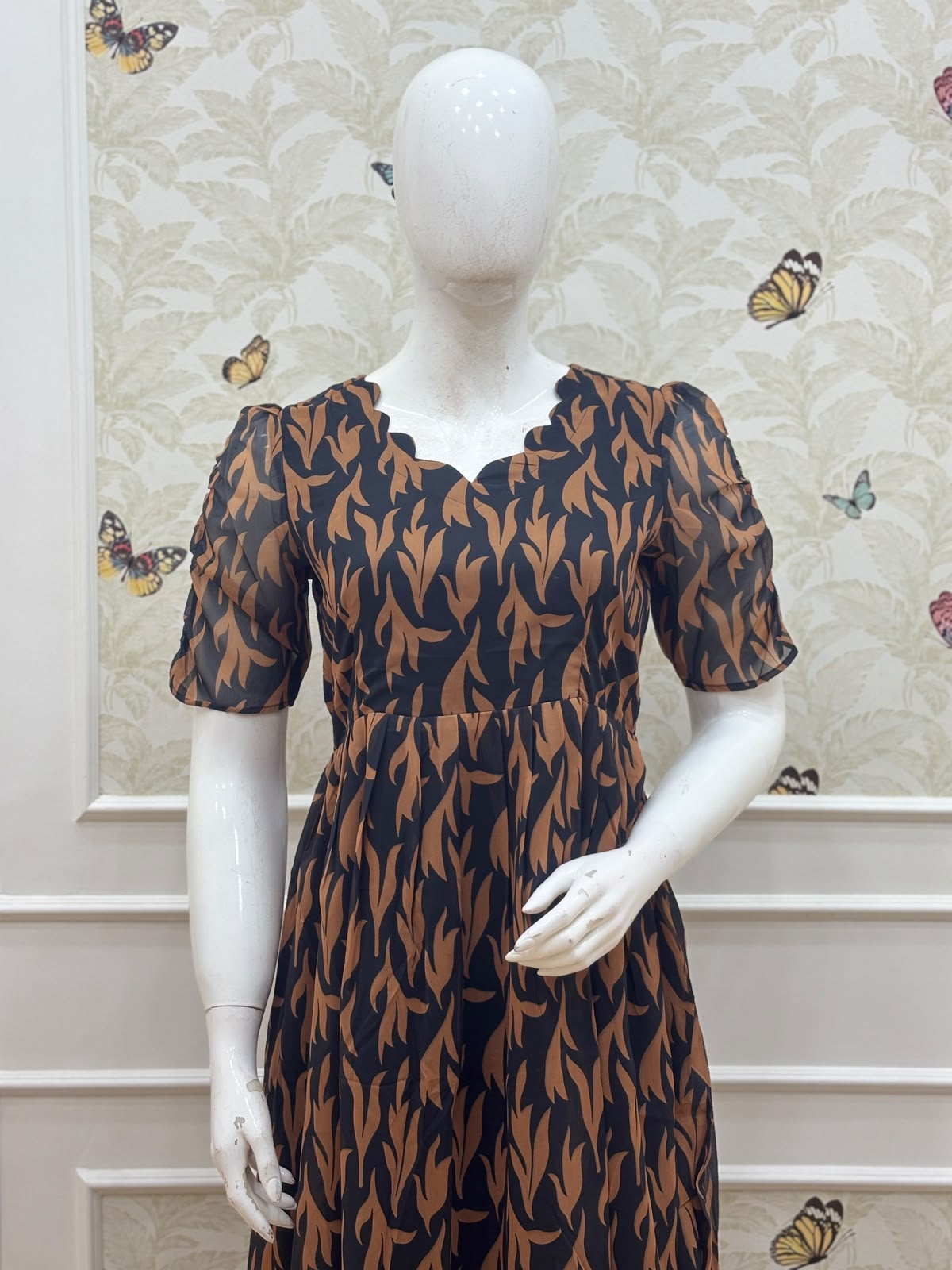 Brown Leafy Printed Georgette Non Feeding Maxi