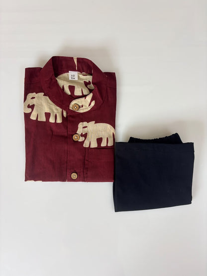 Maroon elephant printed boys outdoor wear set
