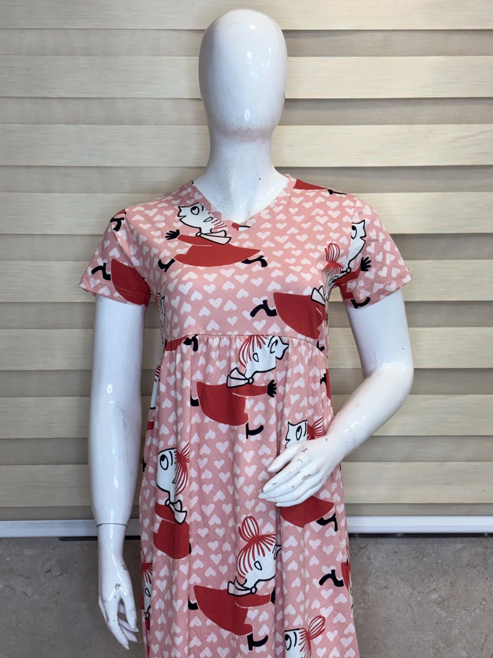 Pink Cartoon Printed Knitted Cotton V-neck Lounge Frock