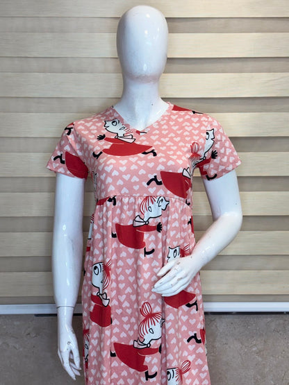Pink Cartoon Printed Knitted Cotton V-neck Lounge Frock