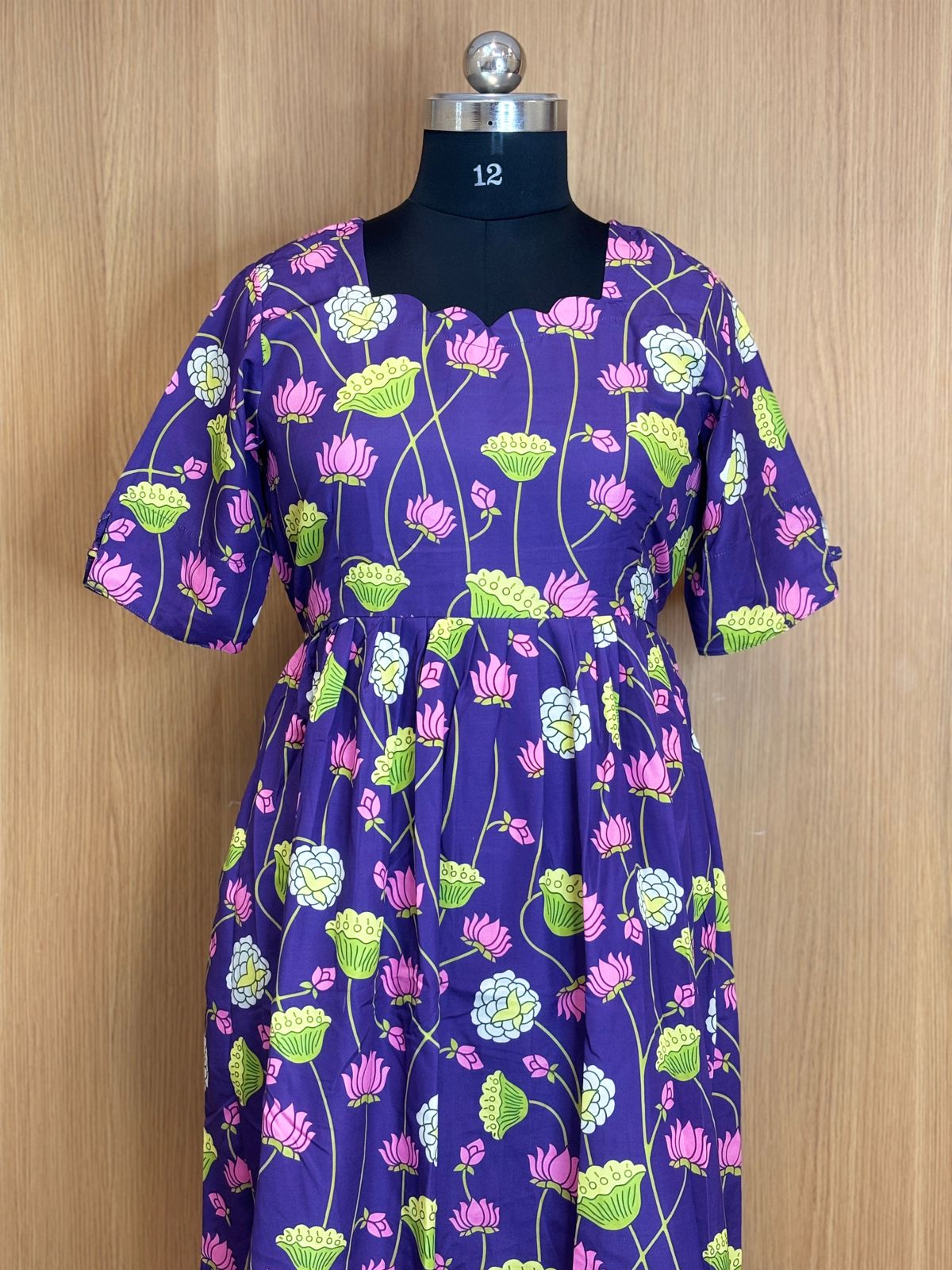 Navy Blue Lotus Printed Blended Cotton Non Feeding Maxi