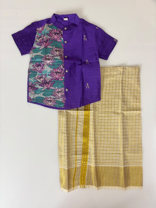 Purple Lotus Printed Boys Shirt and Dhoti Set