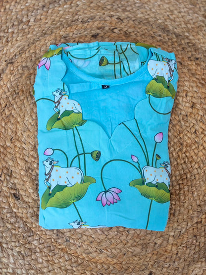 Blue Cow Printed Georgette Non Feeding Maxi