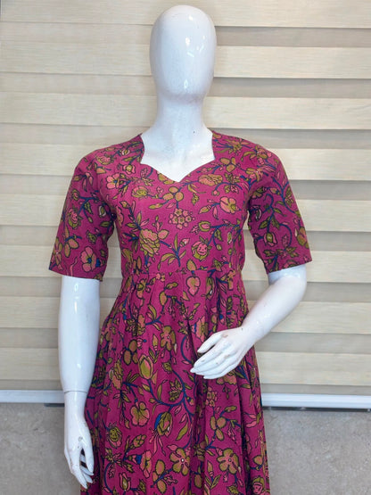 Berry Pink Floral Vine Kalamkari Feeding Maxi