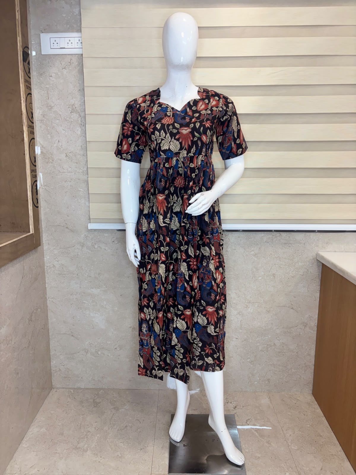 Black Peacock Floral Kalamkari Feeding Maxi
