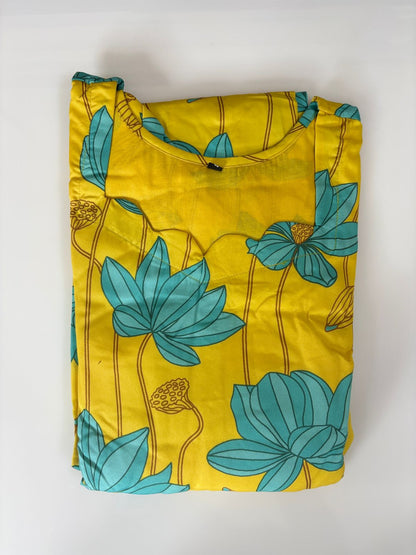Yellow With Blue Floral Printed Blended Cotton Non Feeding Maxi