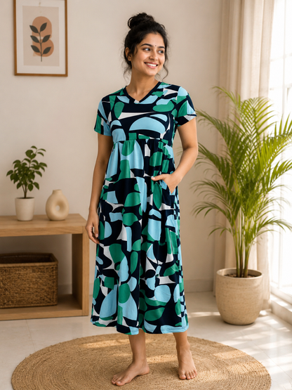 Abstract Geometric Printed Knitted Cotton V-neck Lounge Frock